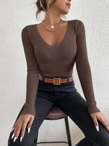 Elyressa Solid Rib Knit V Neck Jumper - Coffee Brown - View 6
