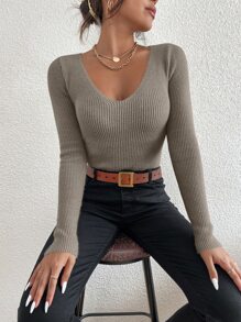 Elyressa Solid Rib Knit V Neck Jumper - Mocha Brown - View 4