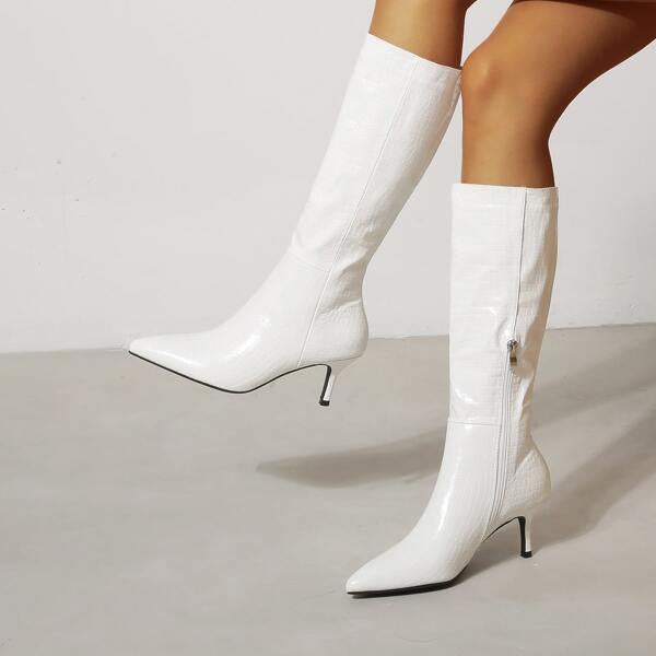 

Crocodile Embossed Point Toe Kitten Heeled Boots, White