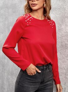 SHEIN Áo sơ mi nữ cườm đính Nút Ngọc trai màu trơn Thanh lịch - Đỏ - Xem 1