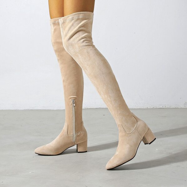 

Minimalist Side Zipper Chunky Heeled Classic Boots, Beige