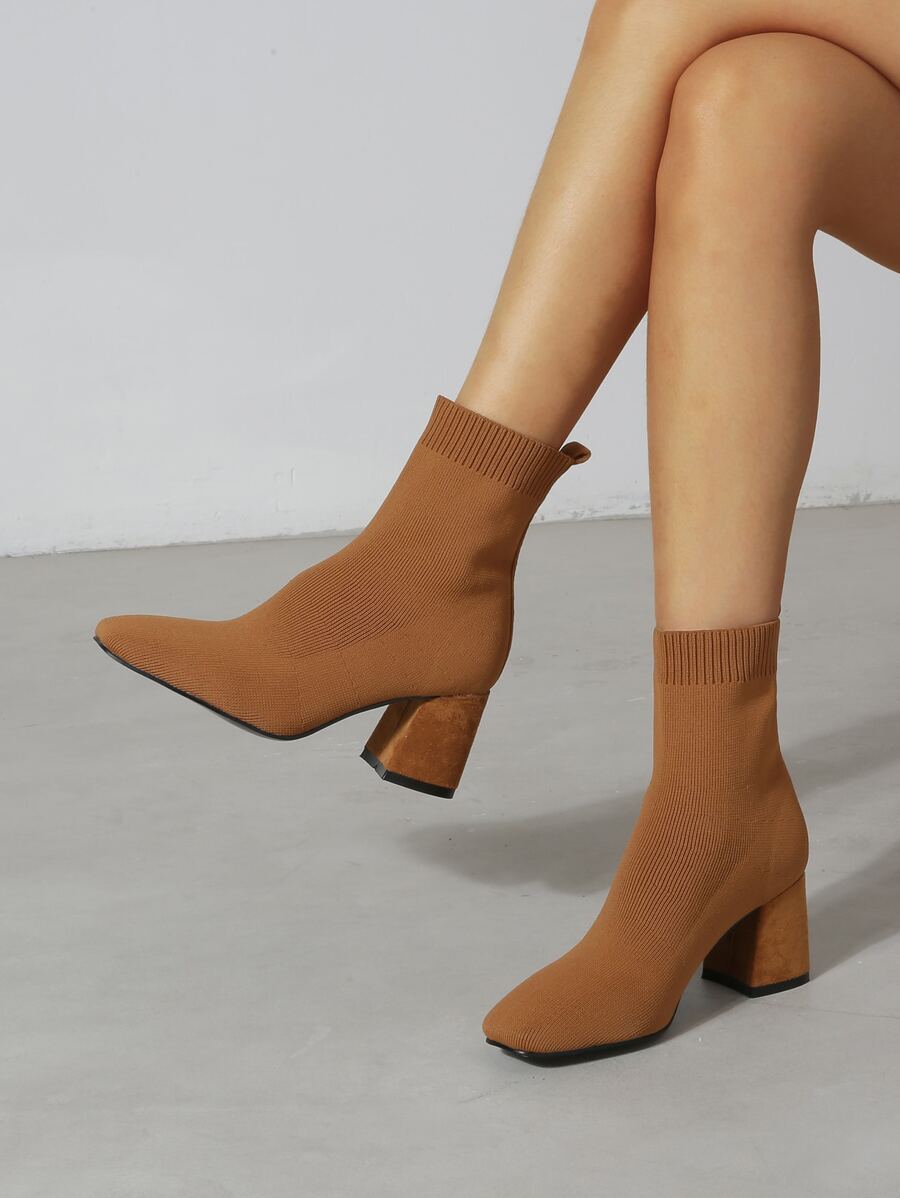 Minimalist Square Toe Slip-On Chunky Heeled Sock Boots - Brown - View 1