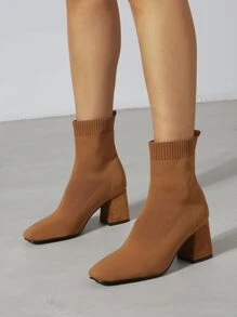 Minimalist Square Toe Slip-On Chunky Heeled Sock Boots - Brown - View 2