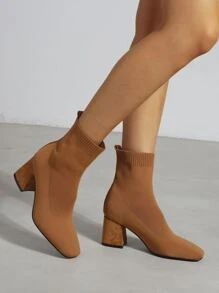 Minimalist Square Toe Slip-On Chunky Heeled Sock Boots - Brown - View 3