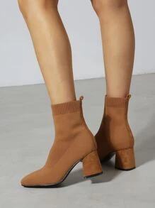 Minimalist Square Toe Slip-On Chunky Heeled Sock Boots - Brown - View 4