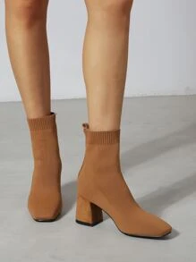 Minimalist Square Toe Slip-On Chunky Heeled Sock Boots - Brown - View 5