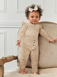 Baby Velvet Ruffle Lettuce Trim Top With Trousers - Khaki - View 1