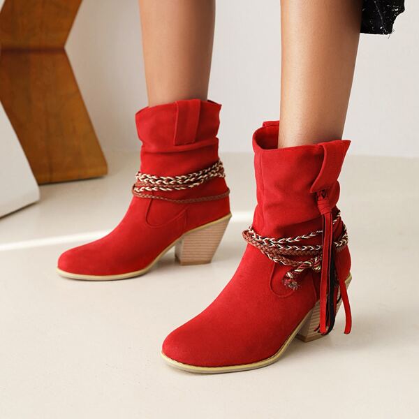

Solid Braided Design Tassel Decor Slip-On Western Boots, Red
