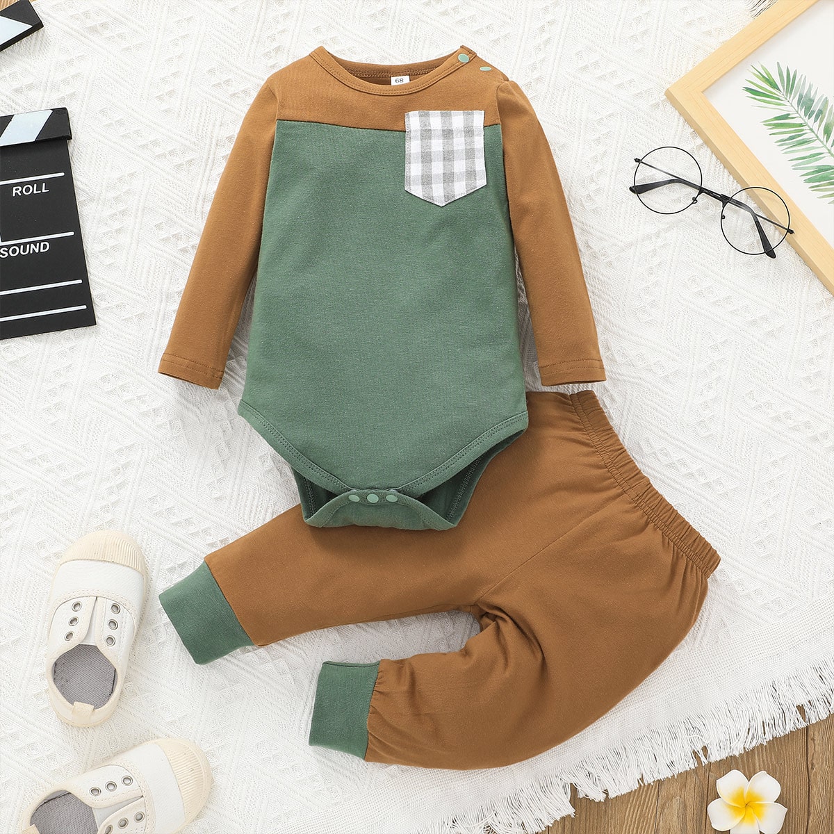 для детей контрастный в клетку с карманом двухцветный Боди & Спортивные брюки