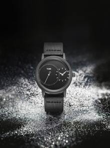 TOMI 男士极简黑色腕表，双表盘设计，商务休闲皮革表带，双时区显示，单秒针，适合日常生活、通勤、节日礼物、圣诞节、万圣节等场合。 - 黑色 - 查看 3