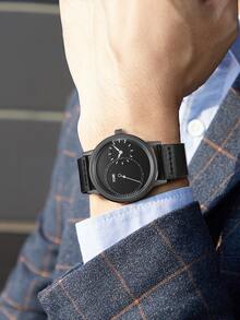 TOMI 男士极简黑色腕表，双表盘设计，商务休闲皮革表带，双时区显示，单秒针，适合日常生活、通勤、节日礼物、圣诞节、万圣节等场合。 - 黑色 - 查看 1