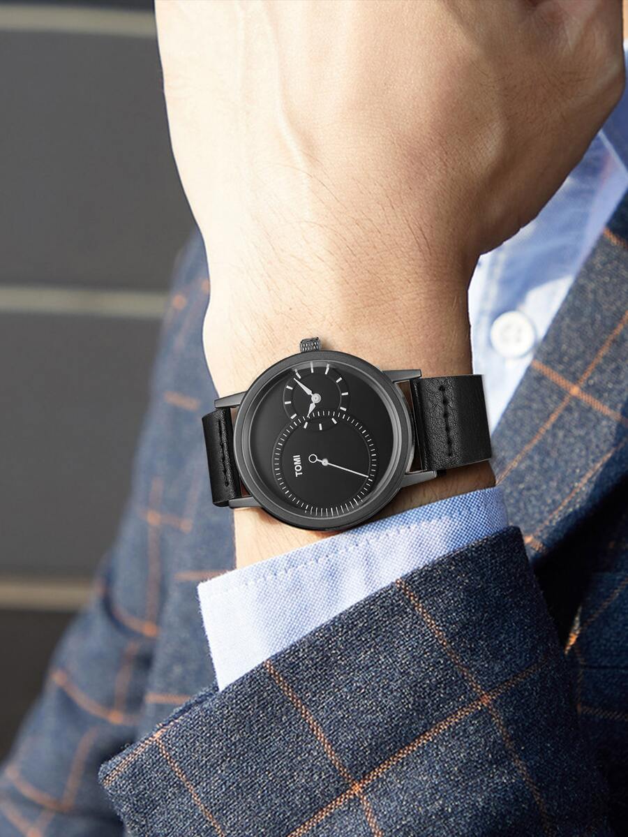 TOMI 男士极简黑色腕表，双表盘设计，商务休闲皮革表带，双时区显示，单秒针，适合日常生活、通勤、节日礼物、圣诞节、万圣节等场合。 - 黑色 - 查看 1