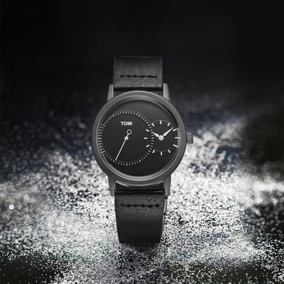  TOMI 男士极简黑色腕表，双表盘设计，商务休闲皮革表带，双时区显示，单秒针，适合日常生活、通勤、节日礼物、圣诞节、万圣节等场合。