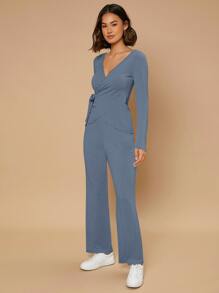 SHEIN Unity 條紋針織側繫帶圍裹睡衣套裝 - 霧霾藍 - 查看 1