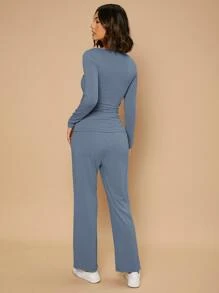 SHEIN Unity 條紋針織側繫帶圍裹睡衣套裝 - 霧霾藍 - 查看 2