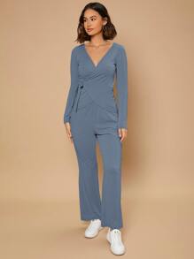 SHEIN Unity 條紋針織側繫帶圍裹睡衣套裝 - 霧霾藍 - 查看 5