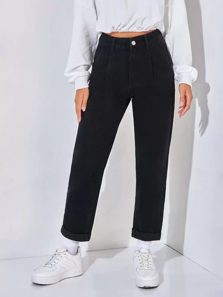 SHEIN PETITE Botão Bolso Zíper Simples Jeans - Preto - Ver 1