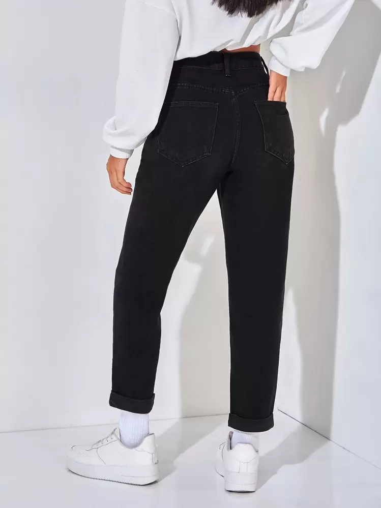 SHEIN PETITE Botão Bolso Zíper Simples Jeans - Preto - Ver 2