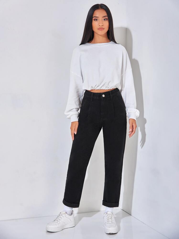 SHEIN PETITE Botão Bolso Zíper Simples Jeans - Preto - Ver 5