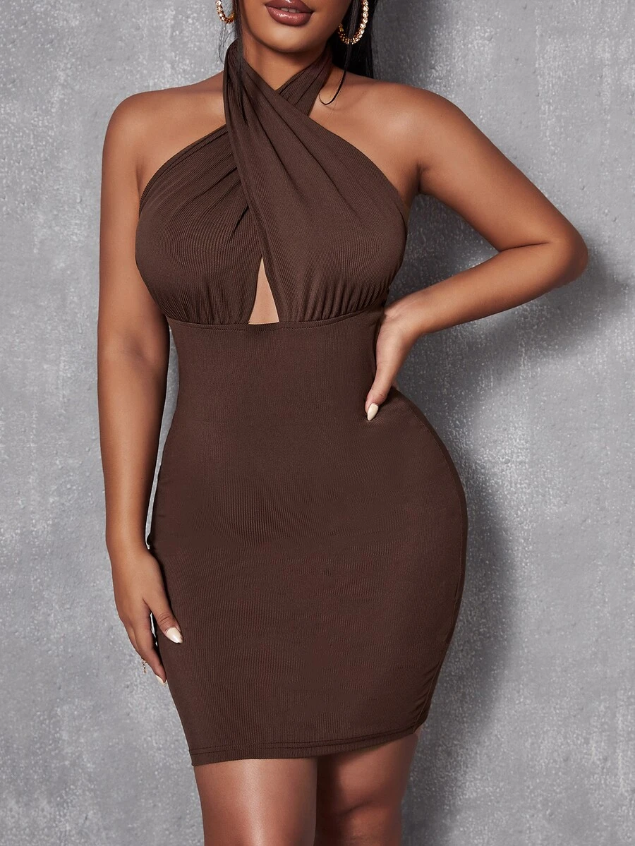 SHEIN SXY Đầm Hội Chữ thập màu trơn Gợi cảm - Cà phê nâu - Xem 1