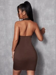 SHEIN SXY Đầm Hội Chữ thập màu trơn Gợi cảm - Cà phê nâu - Xem 2