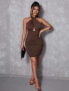 SHEIN SXY Đầm Hội Chữ thập màu trơn Gợi cảm - Cà phê nâu - Xem 4