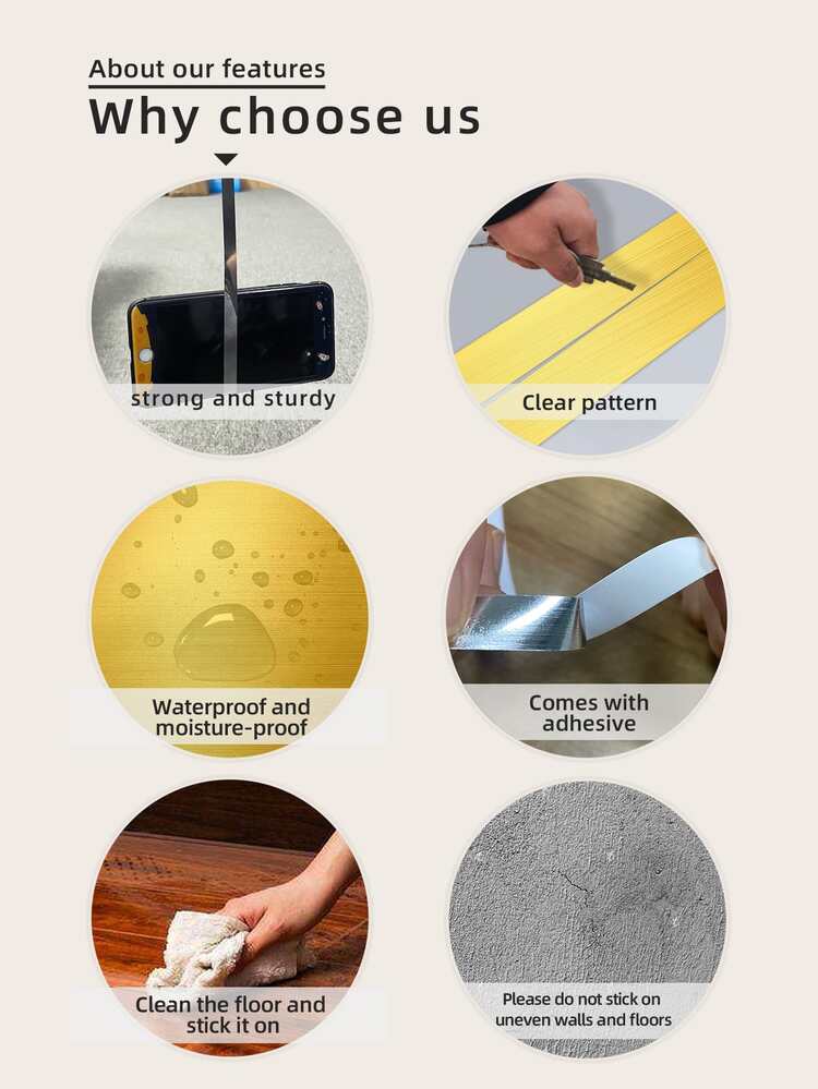 1 rouleau de bordure de sol métallique dorée rayée, étanche, autocollante pour joint mural. Décoration pour mur, plafond, bordure de carrelage auto-adhésive. Taille: 50 mètres - Doré - Voir 7
