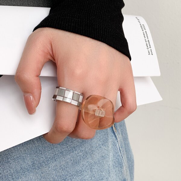 

2pcs Plaid Print Ring, Multicolor