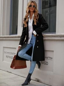SHEIN Clasi Double Breasted Lapel Neck Overcoat Fall Winter Cloth For Women - Black - View 3