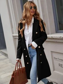 SHEIN Clasi Double Breasted Lapel Neck Overcoat Fall Winter Cloth For Women - Black - View 5