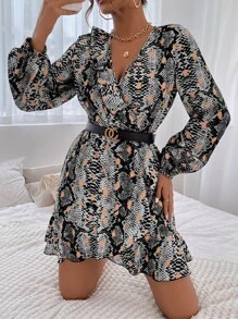 SHEIN LUNE Snakeskin Print Lantern Sleeve Ruffle Hem Wrap Dress Without Belt - Multicolor - View 1