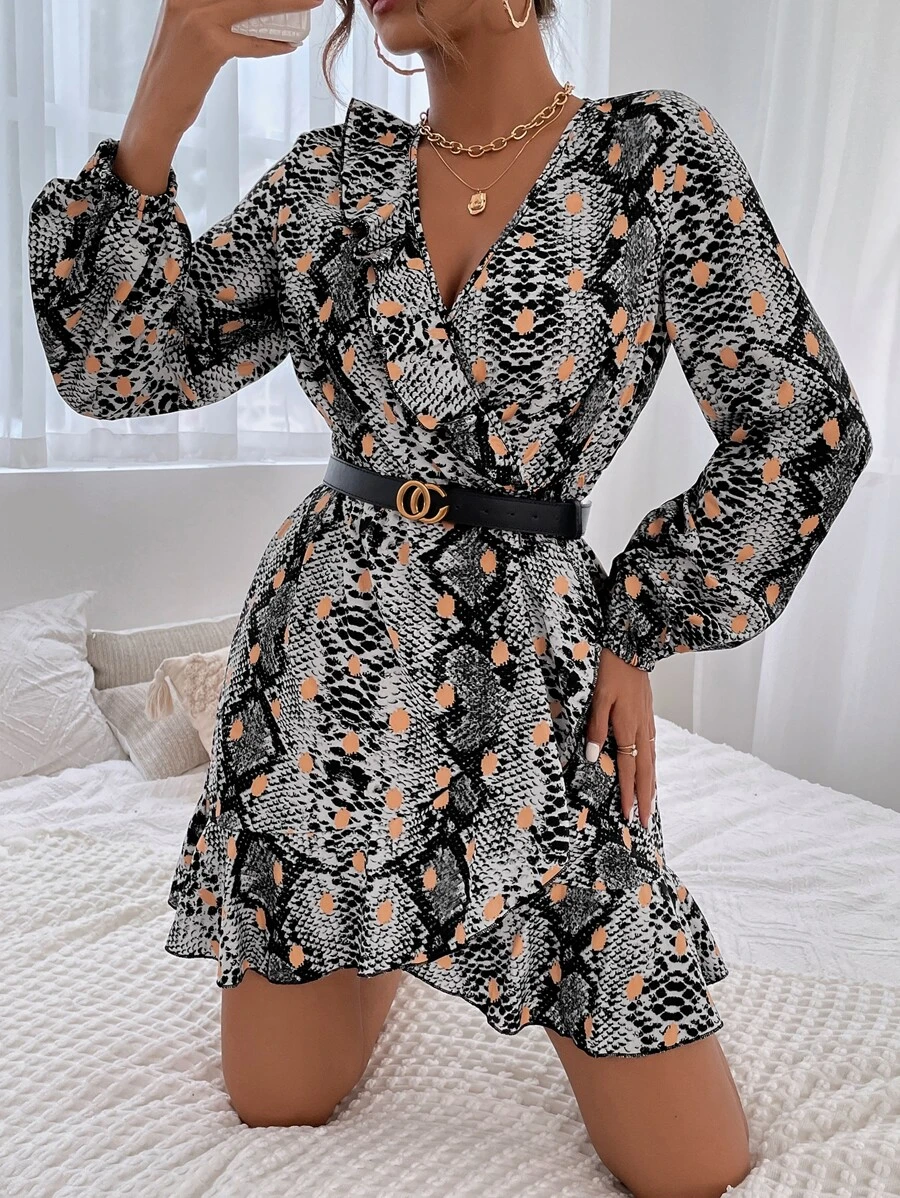 SHEIN LUNE Snakeskin Print Lantern Sleeve Ruffle Hem Wrap Dress Without Belt - Multicolor - View 1
