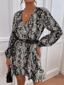SHEIN LUNE Snakeskin Print Lantern Sleeve Ruffle Hem Wrap Dress Without Belt - Multicolor - View 3