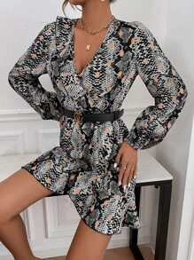 SHEIN LUNE Snakeskin Print Lantern Sleeve Ruffle Hem Wrap Dress Without Belt - Multicolor - View 5