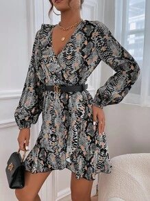 SHEIN LUNE Snakeskin Print Lantern Sleeve Ruffle Hem Wrap Dress Without Belt - Multicolor - View 6