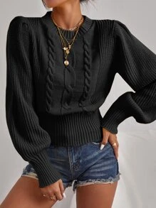 RueChic Cable Knit Lantern Sleeve Sweater - Black - View 4