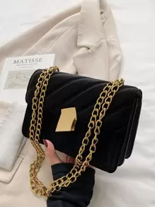 Large Capacity, Lightweight, Portable Casual, Fashion Velvet Metal Decor Flap Square Bag For Girls, Women, College Students, Rookies & White-collar Workers For Autumn & Winter, Warm Winter, For Fall, Winter Essential, For Work, Office, Commute, College - Black - View 1