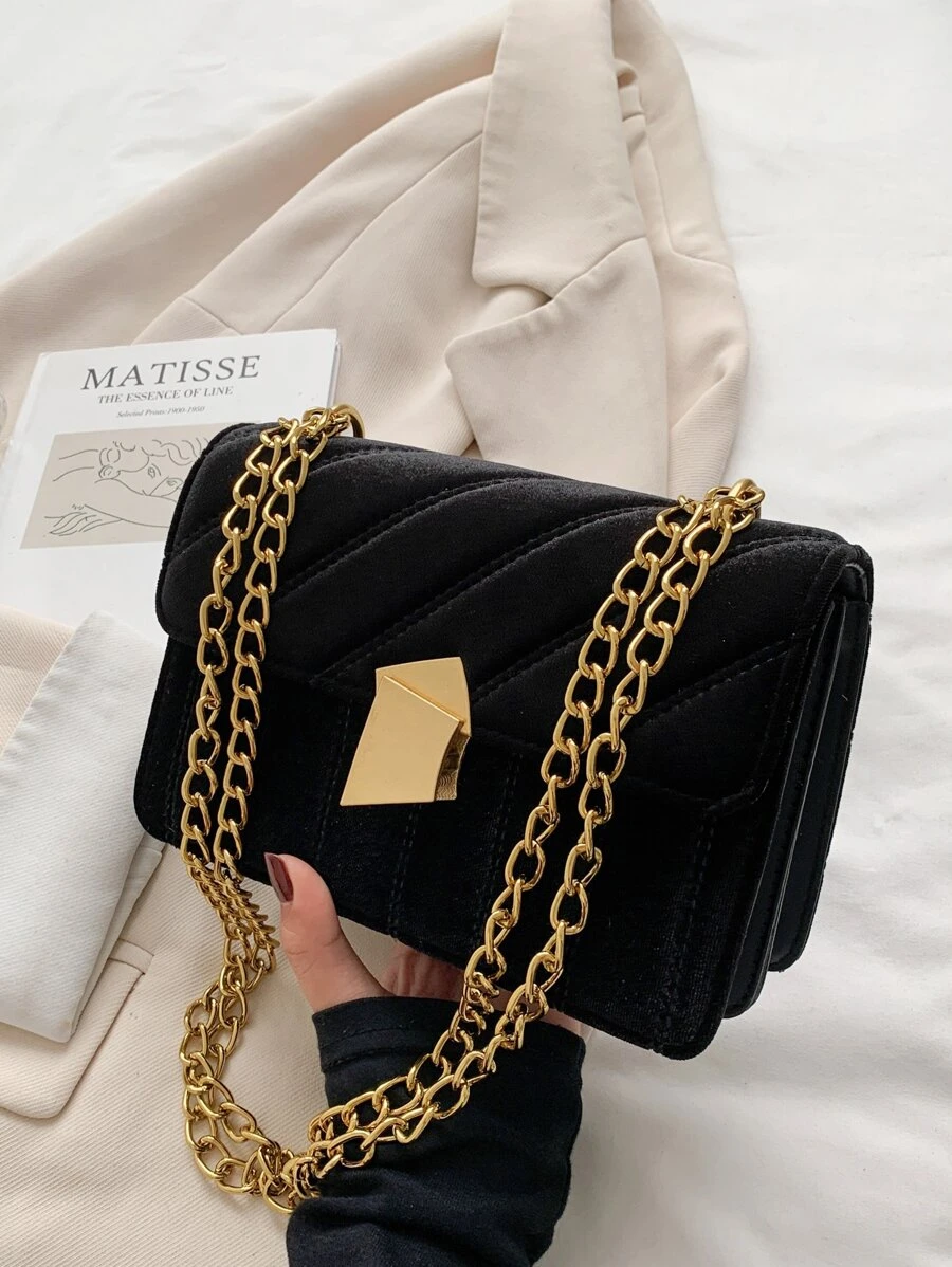 Large Capacity, Lightweight, Portable Casual, Fashion Velvet Metal Decor Flap Square Bag For Girls, Women, College Students, Rookies & White-collar Workers For Autumn & Winter, Warm Winter, For Fall, Winter Essential, For Work, Office, Commute, College - Black - View 1