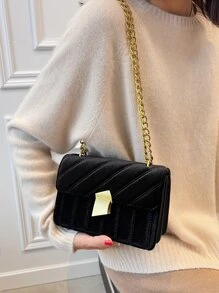 Large Capacity, Lightweight, Portable Casual, Fashion Velvet Metal Decor Flap Square Bag For Girls, Women, College Students, Rookies & White-collar Workers For Autumn & Winter, Warm Winter, For Fall, Winter Essential, For Work, Office, Commute, College - Black - View 3