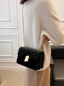 Large Capacity, Lightweight, Portable Casual, Fashion Velvet Metal Decor Flap Square Bag For Girls, Women, College Students, Rookies & White-collar Workers For Autumn & Winter, Warm Winter, For Fall, Winter Essential, For Work, Office, Commute, College - Black - View 5