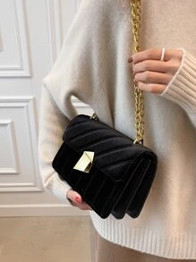 Large Capacity, Lightweight, Portable Casual, Fashion Velvet Metal Decor Flap Square Bag For Girls, Women, College Students, Rookies & White-collar Workers For Autumn & Winter, Warm Winter, For Fall, Winter Essential, For Work, Office, Commute, College - Black - View 6