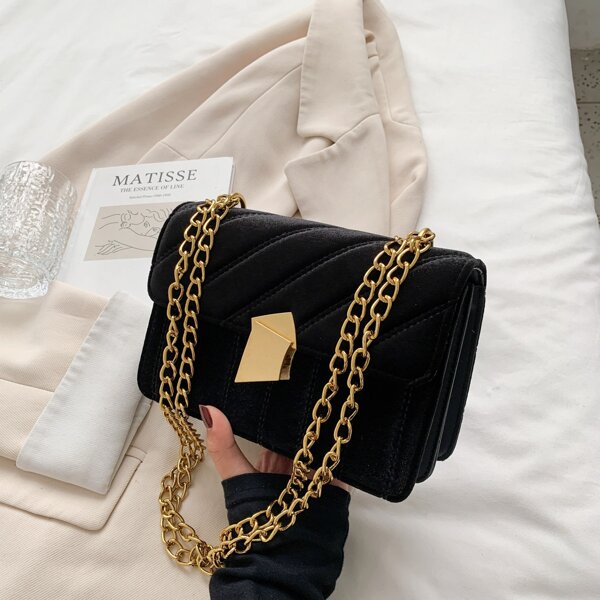 

Velvet Metal Decor Flap Square Bag, Black