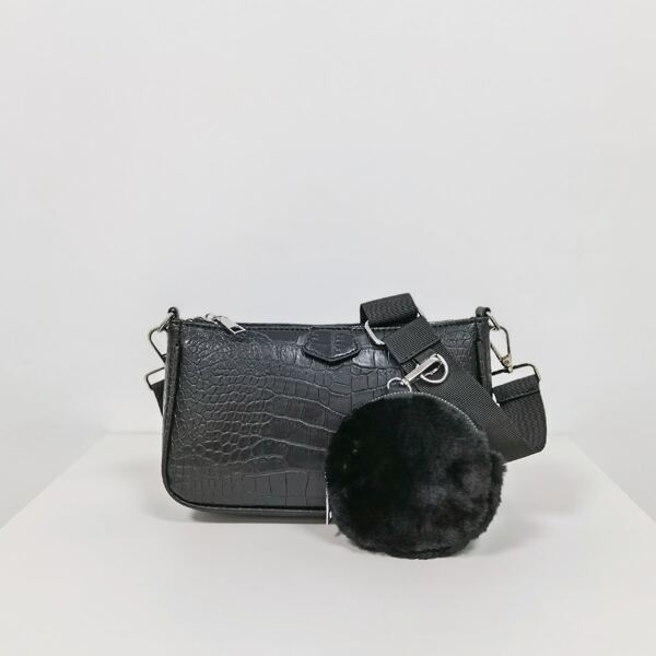 

Crocodile Embossed Baguette Bag With Fluffy Coin Purse, Black