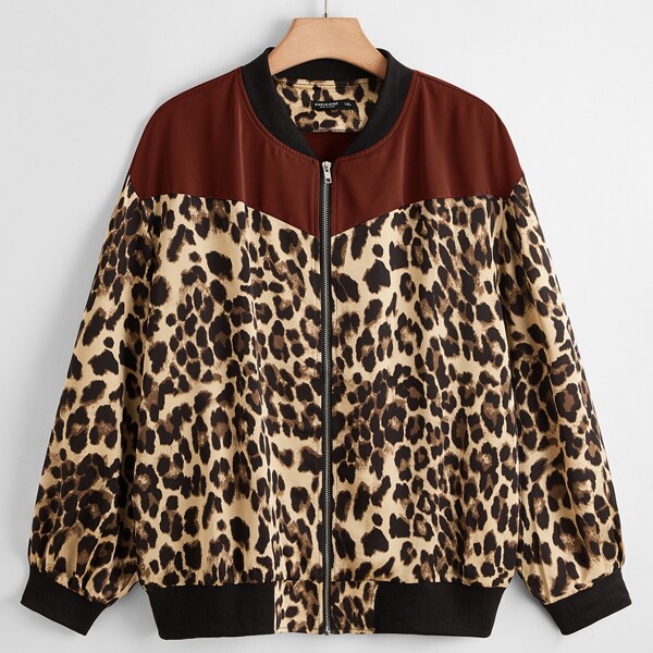 

Plus Leopard Print Zipper Front Bomber Jacket, Coffee brown