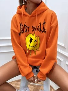 SHEIN Unity Letter & Expression Print Kangaroo Pocket Drop Shoulder Drawstring Thermal Oversized Hoodie - Orange - View 1
