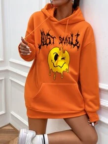 SHEIN Unity Letter & Expression Print Kangaroo Pocket Drop Shoulder Drawstring Thermal Oversized Hoodie - Orange - View 3