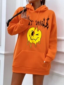 SHEIN Unity Letter & Expression Print Kangaroo Pocket Drop Shoulder Drawstring Thermal Oversized Hoodie - Orange - View 4
