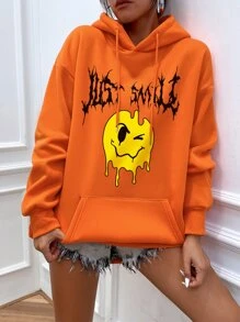 SHEIN Unity Letter & Expression Print Kangaroo Pocket Drop Shoulder Drawstring Thermal Oversized Hoodie - Orange - View 5