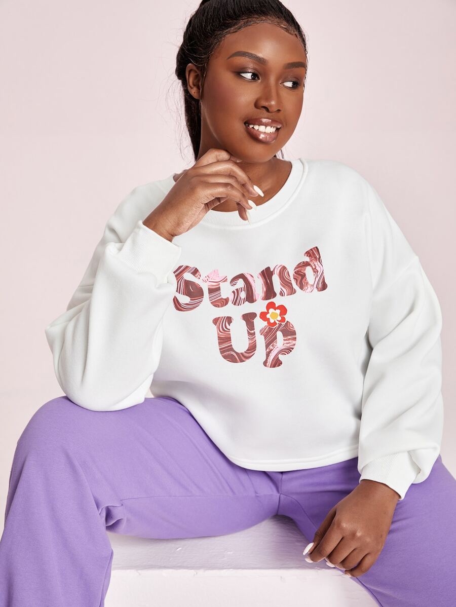 SHEIN X SU2C 大碼花和標語圖案落肩袖加絨內裏運動衫 - 白色 - 查看 1