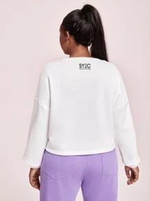 SHEIN X SU2C 大碼花和標語圖案落肩袖加絨內裏運動衫 - 白色 - 查看 6